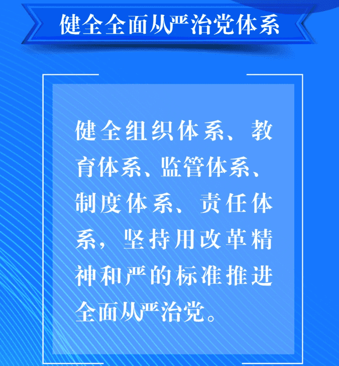 八、要健全全面從嚴(yán)治黨體系。健全組織體系、教育體系、監(jiān)管體系、制度體系、責(zé)任體系，堅(jiān)持用改革精神和嚴(yán)的標(biāo)準(zhǔn)推進(jìn)全面從嚴(yán)治黨。.png